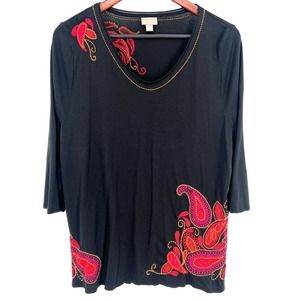 J. Jill Size XL Extra Large Petite Black Floral Blouse Shirt Top Fall Winter